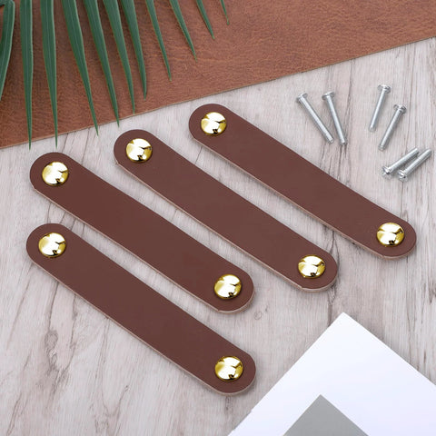 4 Pack Leather Cabinet Handles with Screws, Soft Brown Leather Pulls for Cabinets Wardrobes Drawers Dressers and Doors