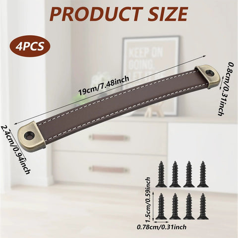 4 Piece Leather Cabinet Pulls And Luggage Handles Replacement Brown Leather Drawer Pulls For Cabinets Travel Suitcases Trunks With Screws Easy To Install Pre Drilled Holes Durable Soft Grain Classic Look Suitable For Home Office Or Industrial Settings; brown leather pull with dimensions and screws