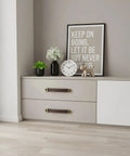 4 Piece Leather Cabinet Pulls And Luggage Handles Replacement installed on white drawers, featuring brown leather and pre-drilled holes.