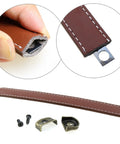 Close-up of Leather Drawer Handles Set Two Pieces 7.5 Inch Brown Luggage And Suitcase Pull Handles with screws and metal core.