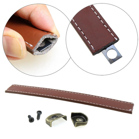 Close-up of Leather Drawer Handles Set Two Pieces 7.5 Inch Brown Luggage And Suitcase Pull Handles with screws and metal core.