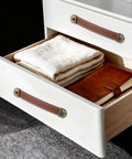 Drawer with Three Piece Brown Leather Drawer Pulls Set With Mounting Screws For Cabinets Trunks And Suitcases installed
