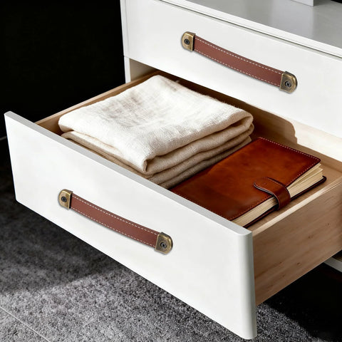 Drawer with Three Piece Brown Leather Drawer Pulls Set With Mounting Screws For Cabinets Trunks And Suitcases installed