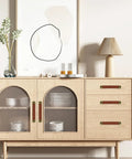 Three Piece Brown Leather Drawer Pulls Set With Mounting Screws For Cabinets Trunks And Suitcases installed on a light wooden cabinet