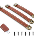 Three Piece Brown Leather Drawer Pulls Set With Mounting Screws For Cabinets Trunks And Suitcases, showing leather pulls and screws.
