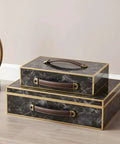 4 Piece Leather Cabinet Pulls And Luggage Handles Replacement Brown Leather Drawer Pulls installed on marble-styled boxes