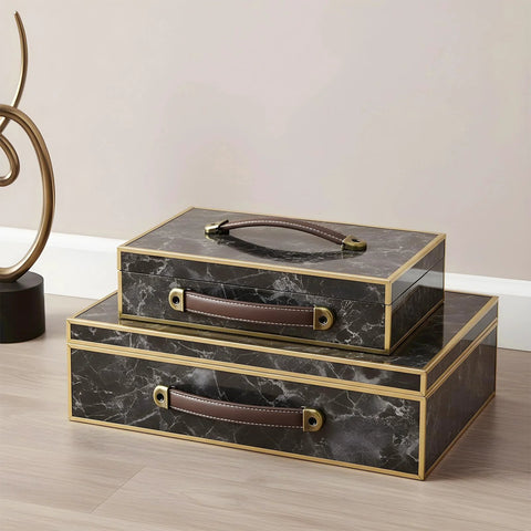 4 Piece Leather Cabinet Pulls And Luggage Handles Replacement Brown Leather Drawer Pulls installed on marble-styled boxes