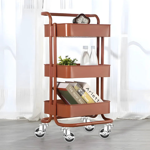 Three-tier brown cart with books and plants on heavy duty 4 inch threaded stem swivel caster wheels with 1/2-13 UNC threads.