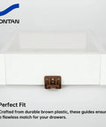 Plastic Drawer Slides And Guides 2 Pack installed on white drawer with brown guide and screws visible, close-up view.