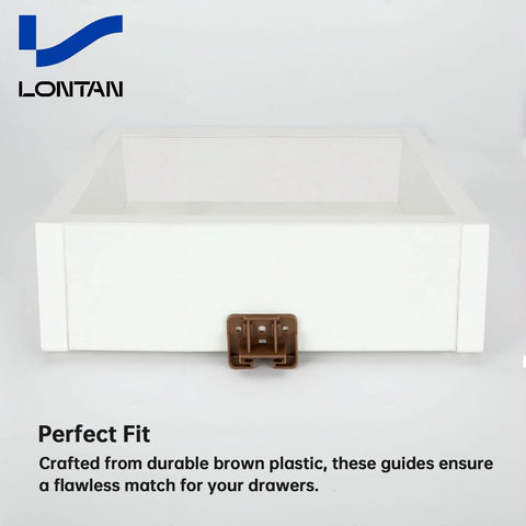 Plastic Drawer Slides And Guides 2 Pack installed on white drawer with brown guide and screws visible, close-up view.