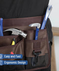 Tool belt with two durable cat's paw nail pullers, 8 inch and 12 inch, with red grips for removing nails, tacks, and staples from wood
