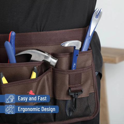 Tool belt with two durable cat's paw nail pullers, 8 inch and 12 inch, with red grips for removing nails, tacks, and staples from wood