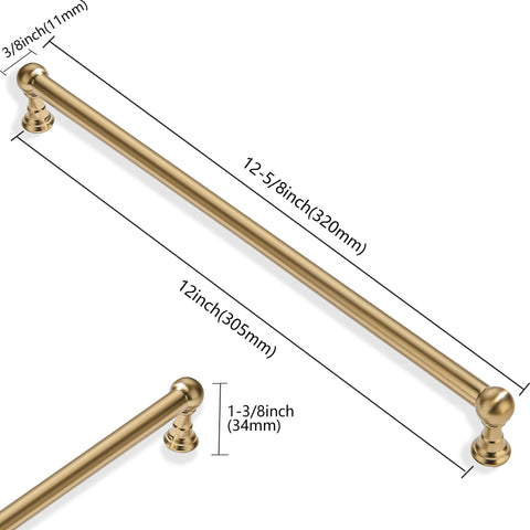 Two Pack 12 Inch Center To Center Brushed Brass Cabinet Pulls set dimensions and close-up view.