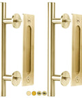 12 Inch Brushed Brass Gold Barn Door Handle Kit For Two Doors With Heavy Duty Aluminum Pull Handles And Finger Plates Includes Matching Screws And Protective Pads For Seamless Sliding Door Operation, shown front view