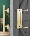 12 Inch Brushed Brass Gold Barn Door Handle Kit For Two Doors With Heavy Duty Aluminum Pull Handles And Finger Plates Includes Matching Screws And Protective Pads For Seamless Sliding Door Operation installed on wooden door