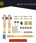 Gold Barn Door Hardware Kit With 84 Inch Track For 7 Foot Sliding Door Modern Brushed Brass Finish Includes All Mounting Hardware For One Door Adjustable Track From 39.35 Inches To 84 Inches, showing all components included in the box.