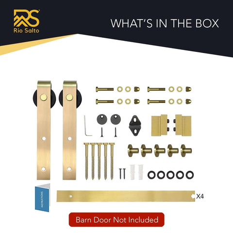 Gold Barn Door Hardware Kit With 84 Inch Track For 7 Foot Sliding Door Modern Brushed Brass Finish Includes All Mounting Hardware For One Door Adjustable Track From 39.35 Inches To 84 Inches, showing all components included in the box.