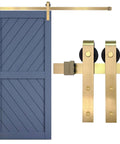 Gold Barn Door Hardware Kit With 84 Inch Track For 7 Foot Sliding Door Modern Brushed Brass Finish Includes All Mounting Hardware For One Door Adjustable Track From 39.35 Inches To 84 Inches front view with blue door