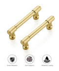 2 Pack 3 Inch Center Kitchen Cabinet Handles In Brushed Brass Solid Zinc Alloy Dresser Pulls For Cabinets And Drawers 99 Mm Total Length 76 Mm Hole Spacing 13 Mm Width 32 Mm Projection Corrosion Resistant Hardware, showing brushed brass finish with scratch resistance and anti-fingerprint features