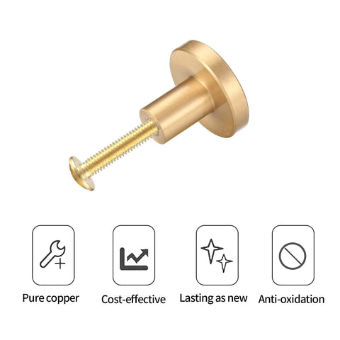 Close-up of a single knob from the Eight Piece Brushed Brass Cabinet Knob Set With Solid Round Hardware For Kitchen Cabinets Dresser Drawers Cupboards Wardrobes Includes Screws 20x28mm Durable Brass Finish.