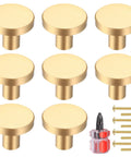 Eight Piece Brushed Brass Cabinet Knob Set With Solid Round Hardware For Kitchen Cabinets Dresser Drawers Cupboards Wardrobes Includes Screws 20x28mm Durable Brass Finish, shown with screwdriver and screws