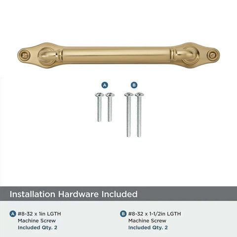 Brushed Brass Cabinet Pulls Set Of 5 5 Inch Center Hole With Backplate And Base Plate Heavy Duty Handles displayed with screws