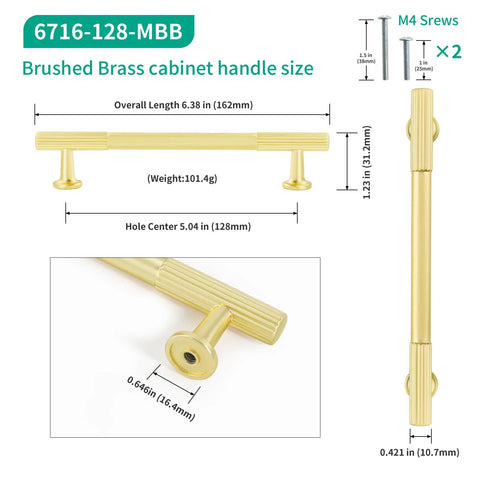 5 Inch Hole Center Cabinet Pulls 10 Pack Brushed Brass Solid Zinc Alloy Hardware dimensions with detailed measurements