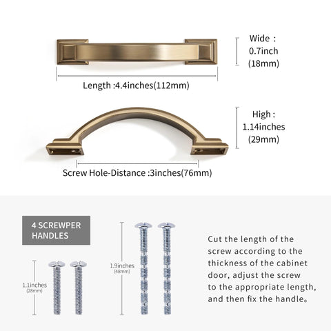 10 Pack Brushed Brass Cabinet Pulls 3 Inch Hole Center 4.4 Inch Overall Length Square Solid Metal Handles with screws included
