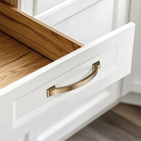 10 Pack Brushed Brass Cabinet Pulls 3 Inch Hole Center 4.4 Inch Overall Length on white kitchen drawer