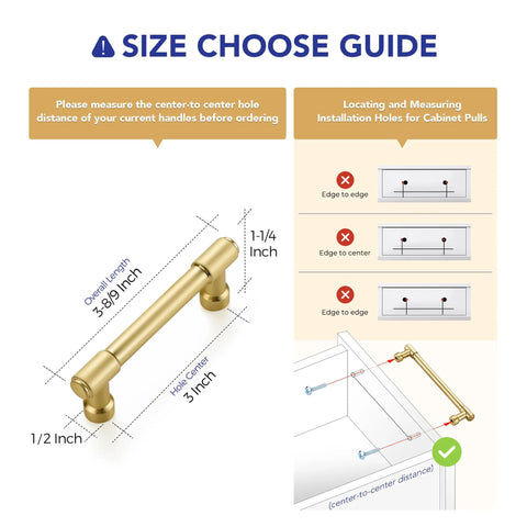 2 Pack 3 Inch Center Kitchen Cabinet Handles In Brushed Brass Solid Zinc Alloy Dresser Pulls Size Guide Diagram