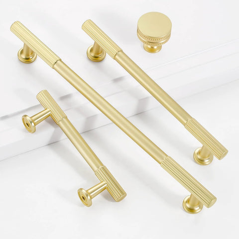 5 Inch Hole Center Cabinet Pulls 10 Pack Brushed Brass Solid Zinc Alloy Hardware on white background