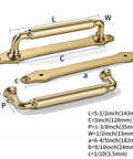 Brushed Brass Cabinet Pulls Set Of 5 5 Inch Center Hole With Backplate showing dimensions and components in disassembled view