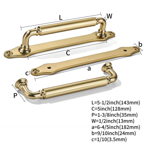Brushed Brass Cabinet Pulls Set Of 5 5 Inch Center Hole With Backplate showing dimensions and components in disassembled view