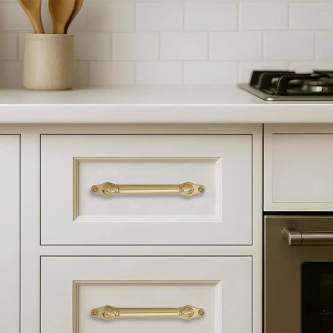 Brushed Brass Cabinet Pulls Set Of 5 5 Inch Center Hole with Backplate on white kitchen drawers, installed view