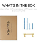 Box contents of 2 Pack 3 Inch Center Kitchen Cabinet Handles In Brushed Brass Solid Zinc Alloy, includes screws and handles.