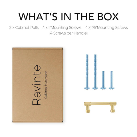 Box contents of 2 Pack 3 Inch Center Kitchen Cabinet Handles In Brushed Brass Solid Zinc Alloy, includes screws and handles.