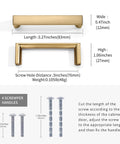 Dimensions and components of Brushed Brass Cabinet Pulls Set Of 10, 3-Inch Hole Center Handles for kitchen cabinets and drawers.