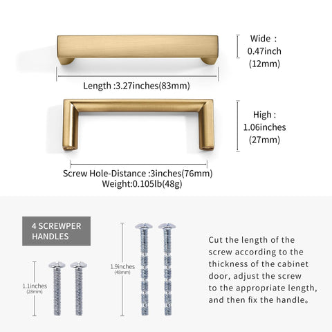 Dimensions and components of Brushed Brass Cabinet Pulls Set Of 10, 3-Inch Hole Center Handles for kitchen cabinets and drawers.