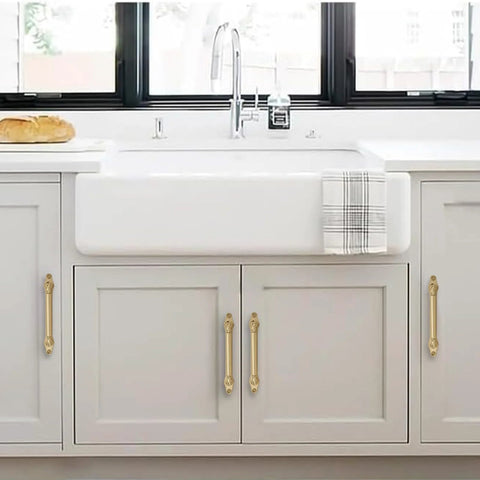Kitchen cabinet with Brushed Brass Cabinet Pulls Set Of 5 5 Inch Center Hole With Backplate And Base Plate Heavy Duty Handles.