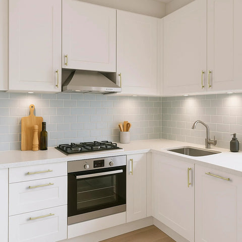 Modern kitchen with 5 Inch Hole Center Cabinet Pulls 10 Pack Brushed Brass Solid Zinc Alloy Hardware on white cabinets.