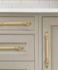Brushed Brass Cabinet Pulls Set Of 5 5 Inch Center Hole With Backplate And Base Plate on kitchen drawers and doors