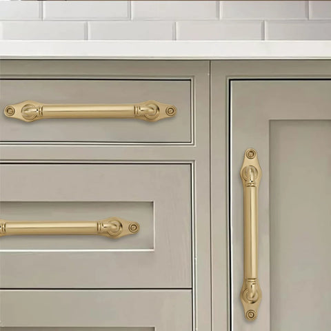 Brushed Brass Cabinet Pulls Set Of 5 5 Inch Center Hole With Backplate And Base Plate on kitchen drawers and doors