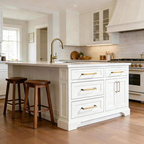 Brushed Brass Cabinet Pulls Set Of 10, 3-Inch Hole Center Handles for kitchen cabinets on white island, showing gold metal hardware.