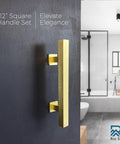 12 Inch Brushed Brass Vintage Gold Barn Door Handle Kit with flush plate, installed on a dark wood door