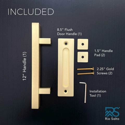 12 Inch Brushed Brass Vintage Gold Barn Door Handle Kit With Closet Door Pull Flush Plate Stainless Steel Pull Handles And Matching Gold Screws Large Sliding Door Hardware Set With Protective Pads For Safe Contact 1 Pack