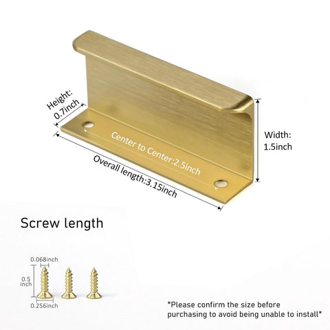 Brushed Brass Aluminum Finger Pulls For Cabinets And Drawers, Easy Installation, 3.15in Length, 2.5in Center to Center, Front View
