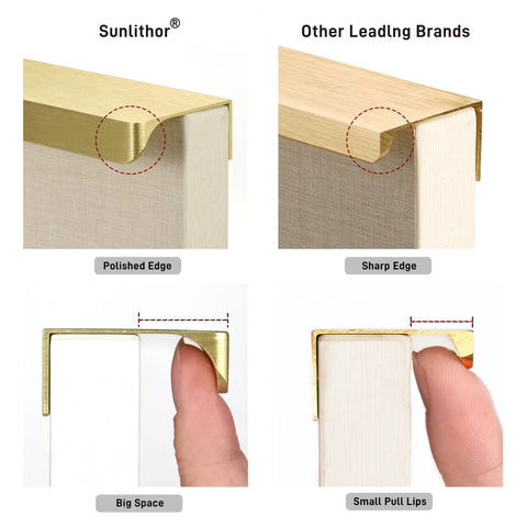 Comparison of brushed brass aluminum finger pulls showing polished edge and big space vs sharp edge and small pull lips.