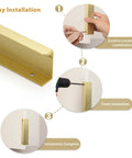 Installation guide for brushed brass aluminum finger pulls for cabinets and drawers, showing step-by-step easy installation process.