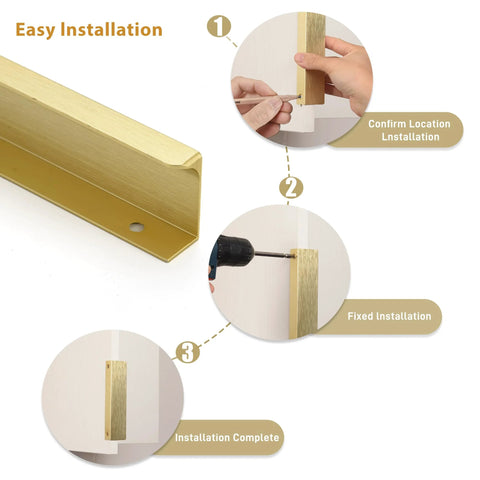 Installation guide for brushed brass aluminum finger pulls for cabinets and drawers, showing step-by-step easy installation process.