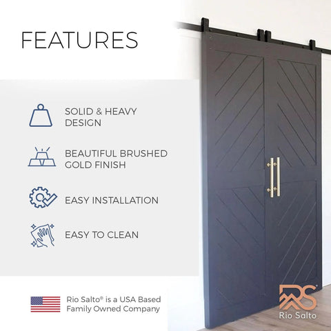 12 Inch Brushed Brass Gold Barn Door Handle Kit For Two Doors With Heavy Duty Aluminum Pull Handles And Finger Plates Installed